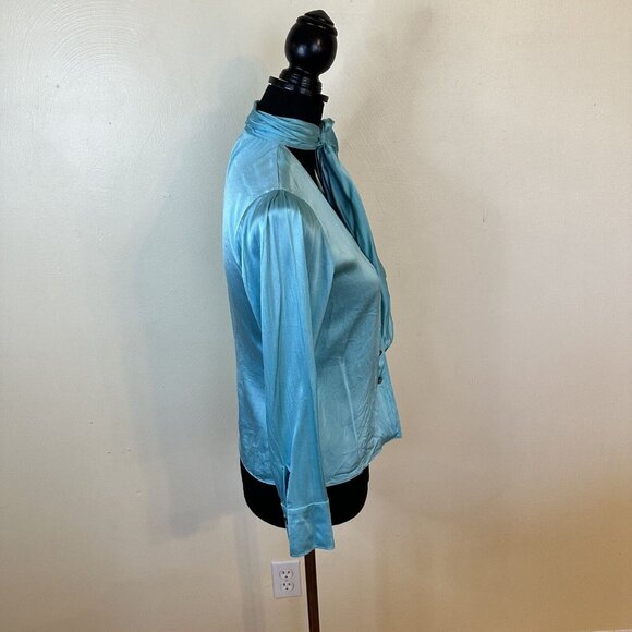 Linda Allard Ellen Tracy Womens Aqua Blue Career Blouse Top Neck Tie PS 4 Silk - Picture 4 of 8